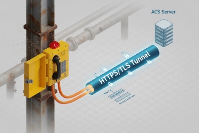 EX hotline phone connects to ACS server through HTTPS TLS tunnel for secure provisioning