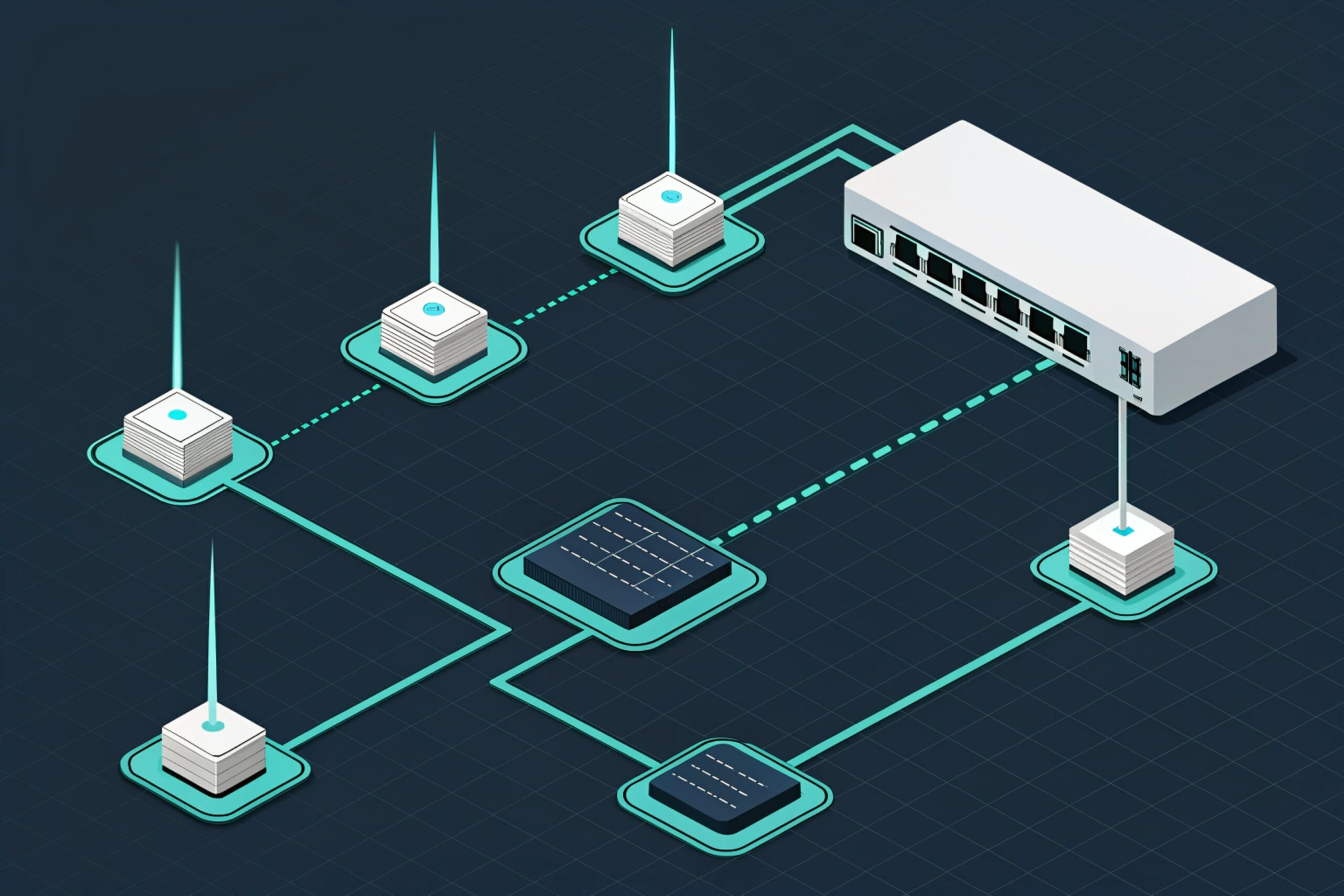 PoE switch network diagram connecting edge nodes, sensors, and servers in LAN