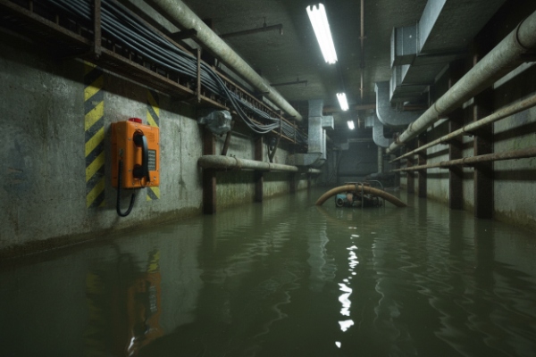 Flooded utility tunnel with orange waterproof emergency telephone on wall