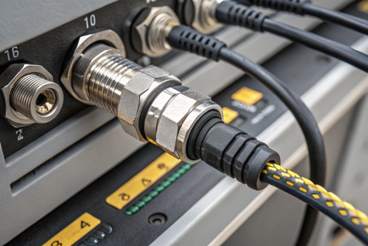Close-up of rugged metal connector and cable plugged into industrial control panel ports