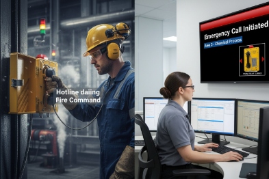 Worker using industrial hotline phone while operator receives emergency call alert on screen