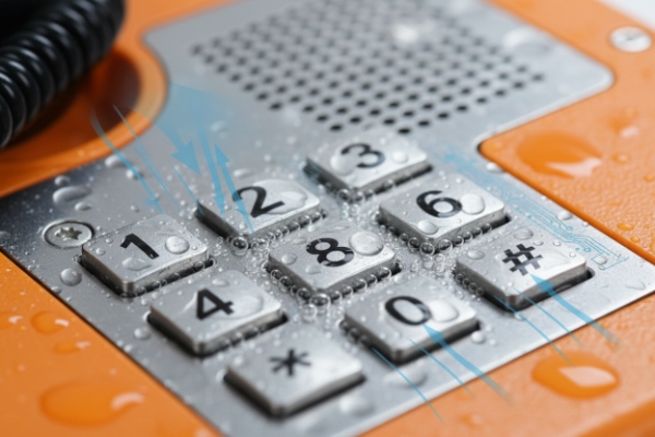 Close-up metal keypad with water droplets on orange industrial SIP intercom