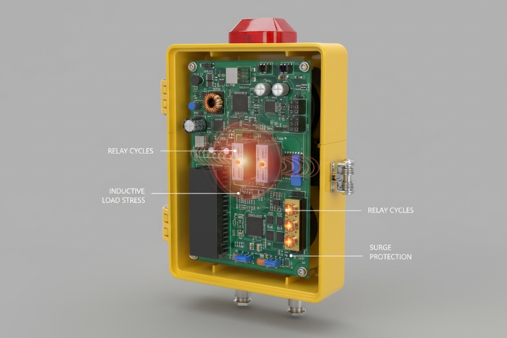 Yellow industrial PCB enclosure with relay cycles and surge protection labels