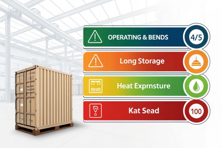 Warehouse shipping container graphic illustrating operating bends, long storage, and heat exposure limits for equipment.