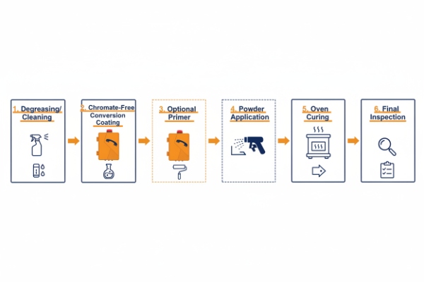 Powder coating workflow diagram: cleaning, conversion coat, primer, spray, curing, inspection