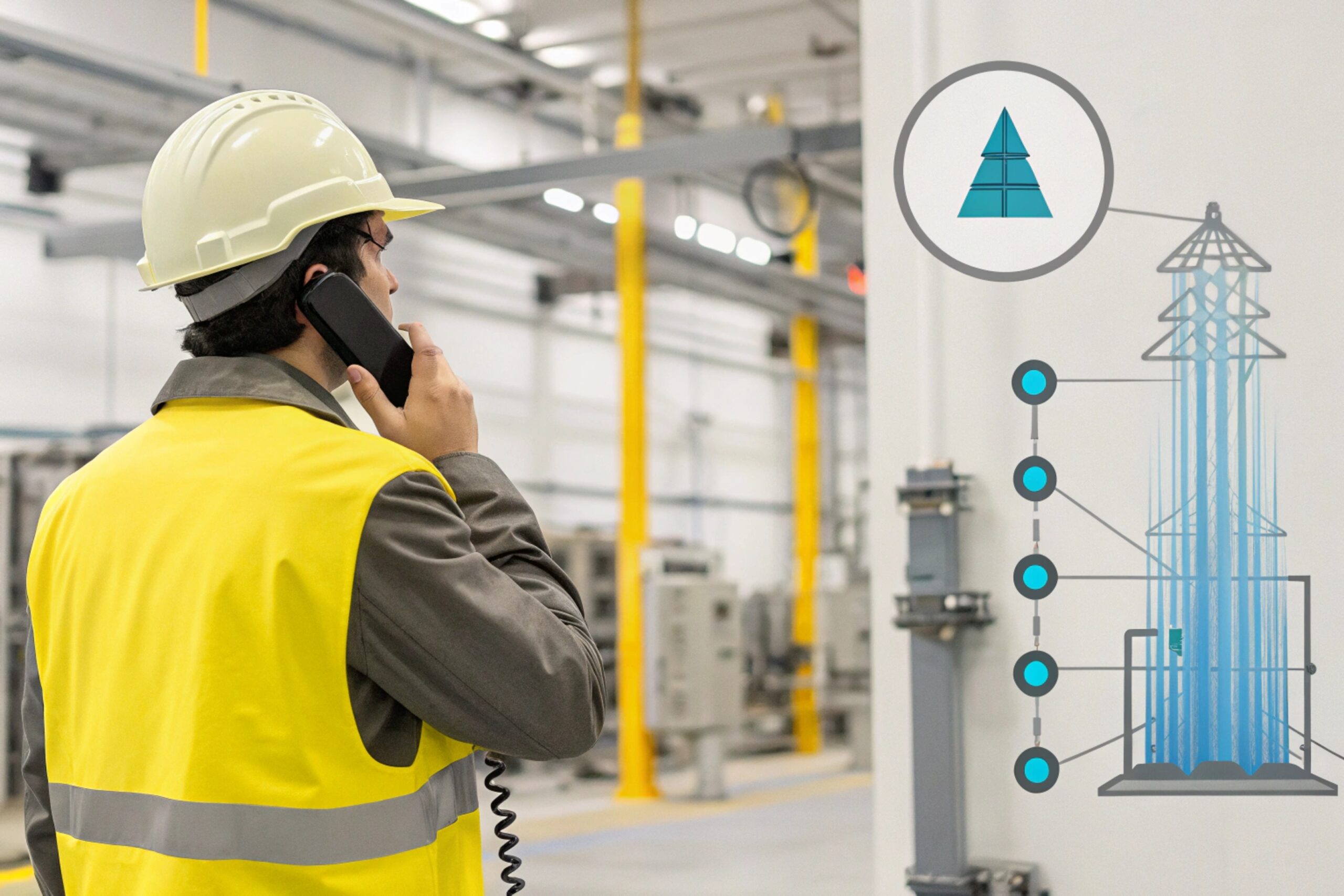 Technician calling via industrial VoIP handset in plant, showing connected infrastructure diagram