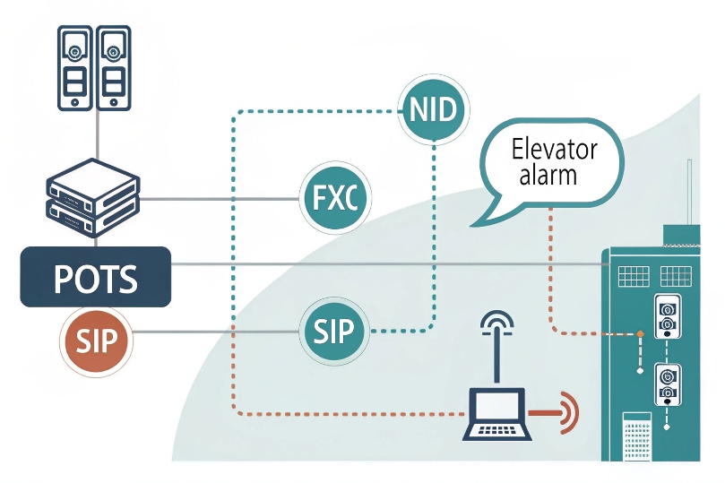 Diagram comparing legacy POTS and SIP paths going through an NID/FXC to drive devices such as an elevator alarm, with monitoring via a laptop