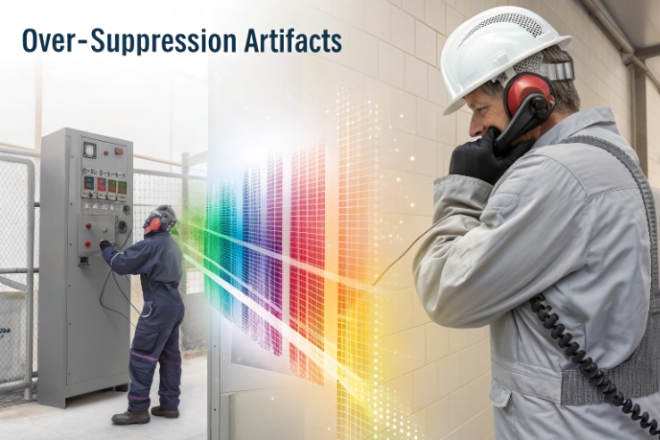 Engineer using handset demonstrating over-suppression artifacts in noisy facility