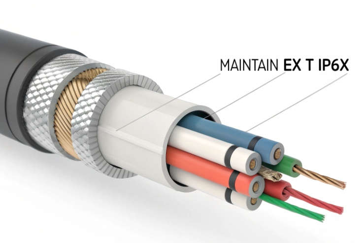 Cable gland cross section showing armored wiring and sealing to maintain Ex t IP6X.