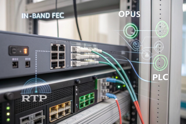 Ethernet switch and VoIP gateway cabling highlighting RTP, in-band FEC, OPUS and PLC.