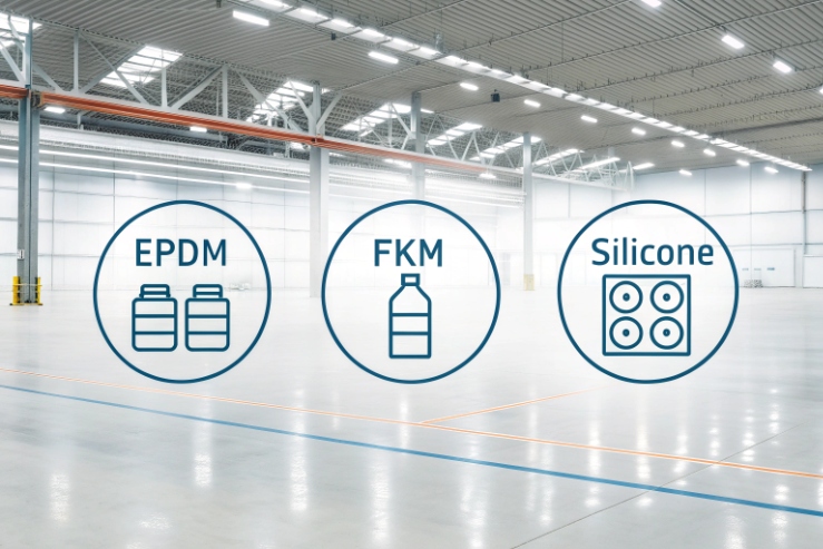 Seal material icons for EPDM, FKM and silicone gaskets in industrial environments.