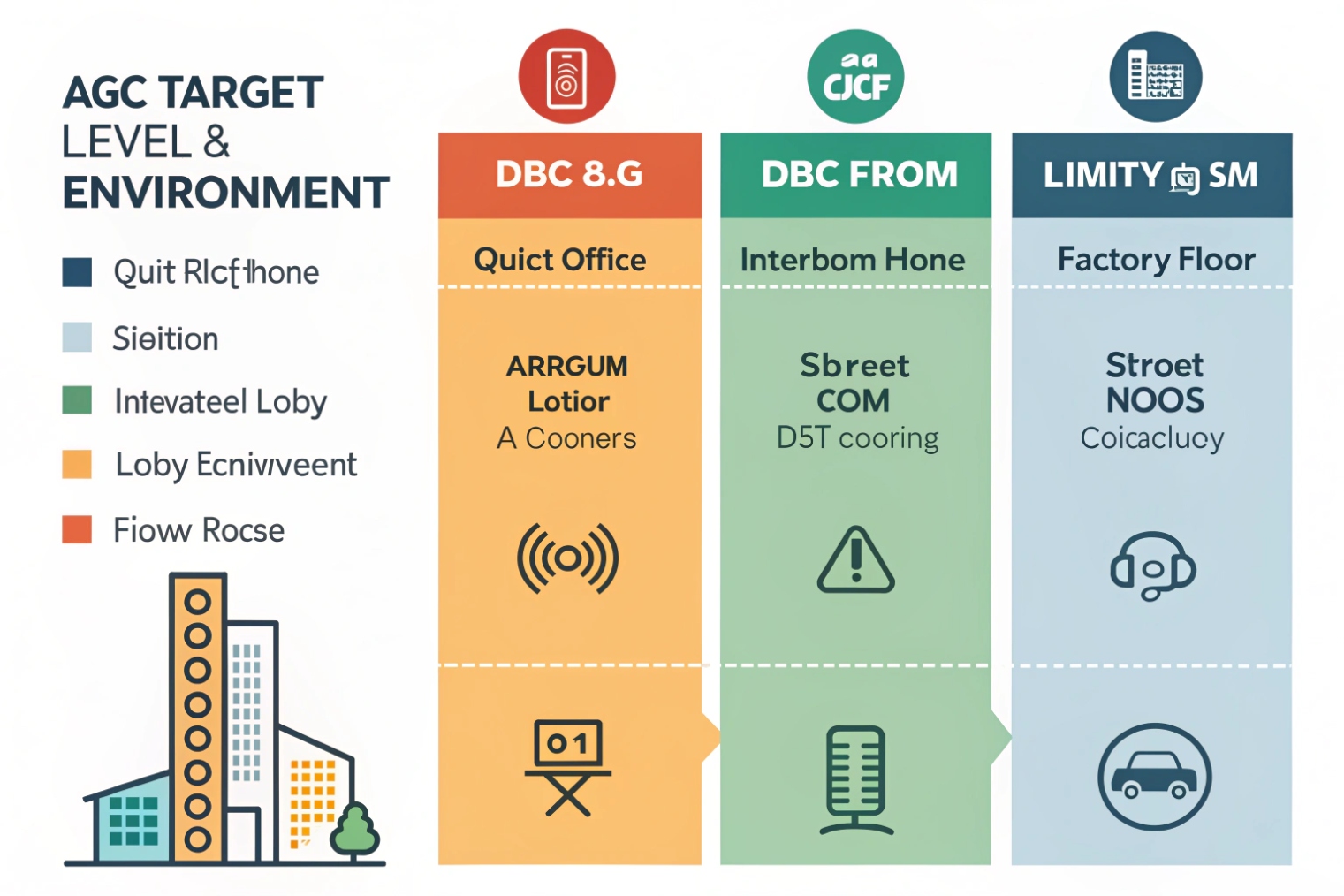 AGC target level chart for quiet office intercom lobby and noisy factory floor environments