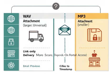 Comparison of WAV and MP3 voicemail email attachments with security and delivery options