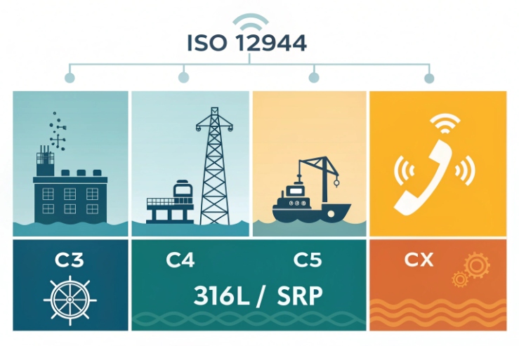 ISO 12944 corrosion categories C3 to CX for 316L SIP explosion-proof telephones.