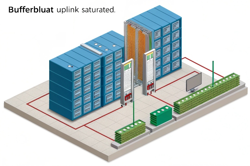 Isometric data center with server racks and core switches labelled bufferbloat uplink saturated