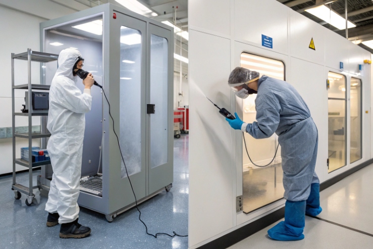 Technicians performing environmental test on industrial communication equipment in lab chamber