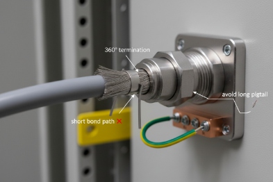 360-degree shield termination cable gland showing correct EMC bonding and grounding in cabinet