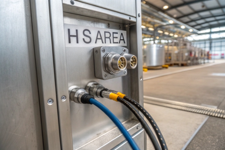 Close-up of a stainless hazardous-area interface panel with heavy-duty connectors and sealed cable entries, labeled “HS AREA.”