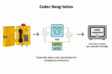 Codec negotiation diagram for SIP emergency phone with PBX using G711 and G722 codecs