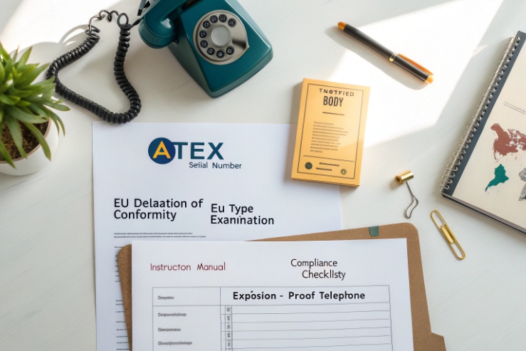 ATEX documentation set with EU declaration of conformity and explosion-proof telephone checklist.