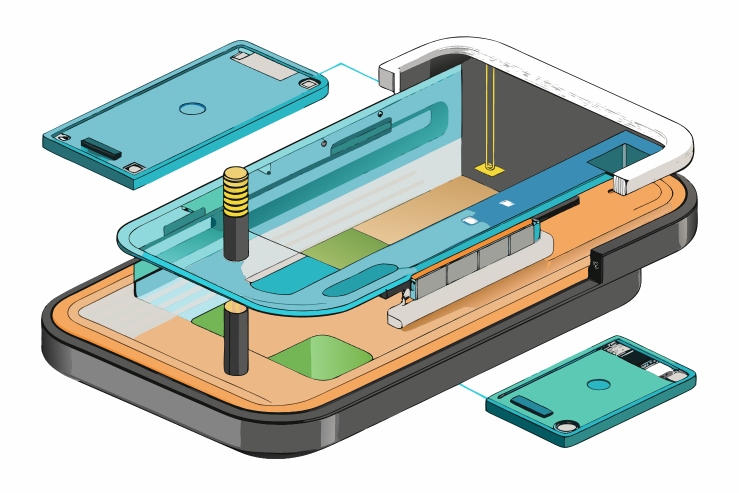 Exploded view of waterproof device enclosure showing seal, cover, and internal components