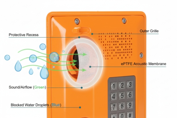 Diagram showing ePTFE acoustic membrane blocking water droplets while allowing sound airflow
