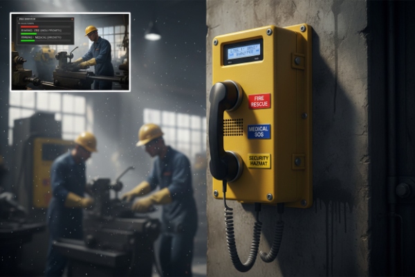 Rugged SOS wall phone with fire rescue medical and security buttons in factory