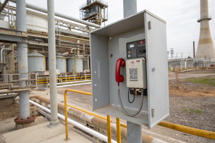 Red emergency call box inside weatherproof cabinet installed at refinery process area
