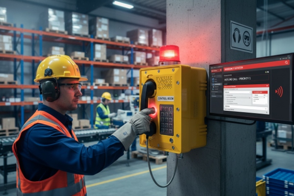 Factory worker using wall-mounted industrial intercom phone with strobe beacon for emergency calls