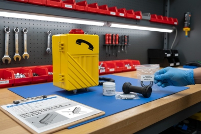 Service bench with industrial phone enclosure, spare handset parts, tools, and manual