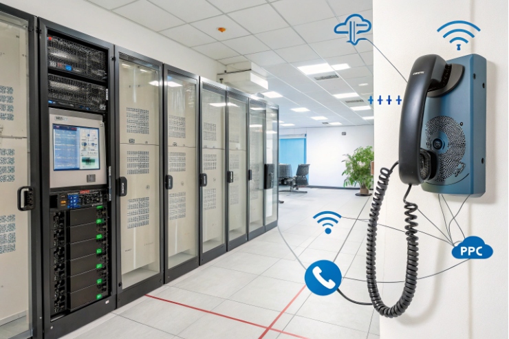 Server room with wall-mounted VoIP phone and network connectivity symbols