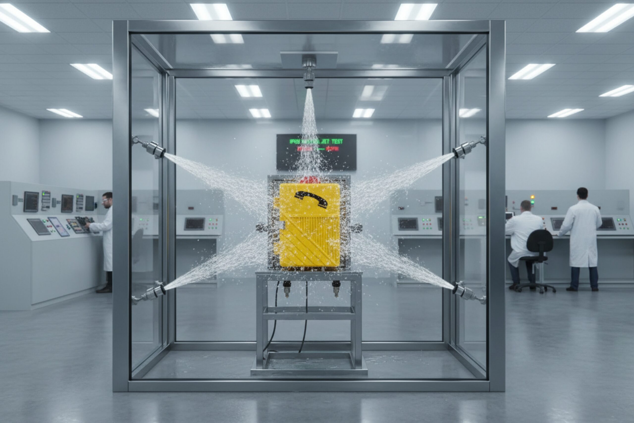 Industrial waterproof test chamber spraying jets to validate IP66 IP67 sealing performance