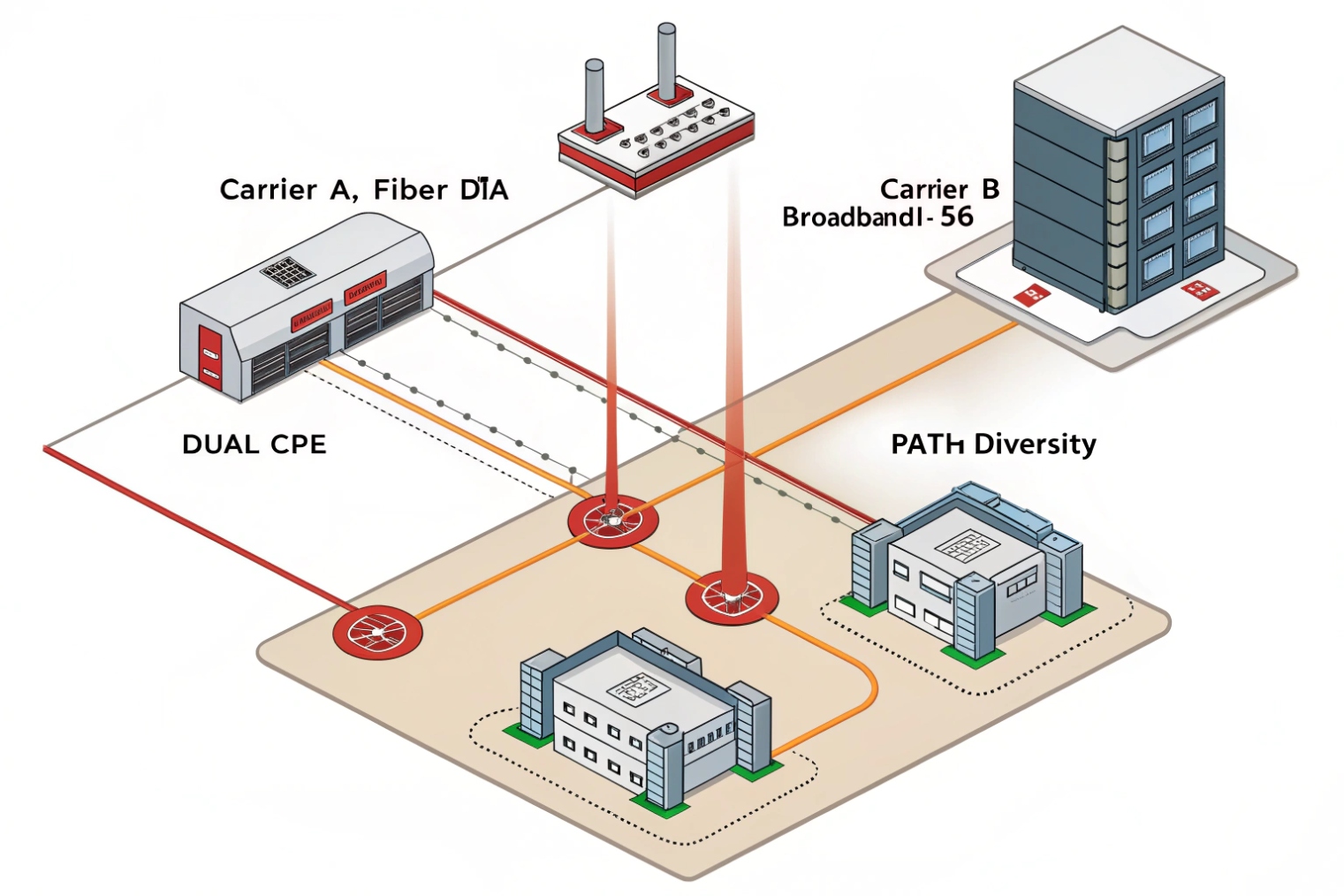 Redundant fiber DIA and broadband carriers delivering dual CPE and path diversity