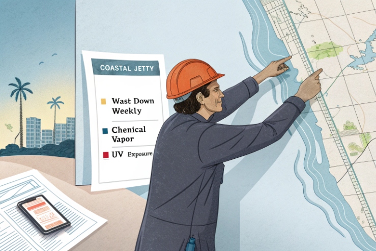 Engineer reviews coastal jetty site map for washdown, vapor, and UV exposure.