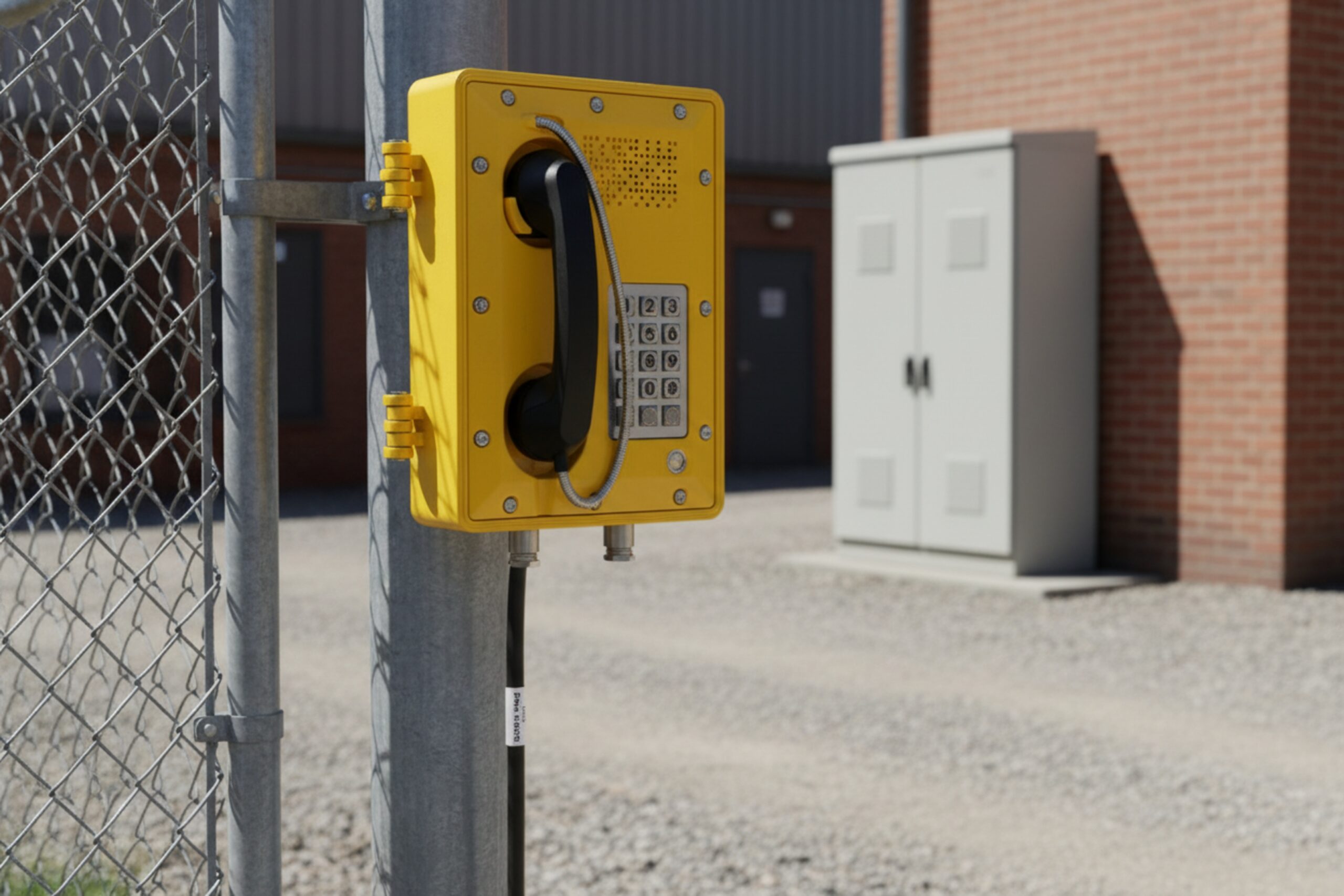 Outdoor industrial SIP emergency phone mounted on fence post near facility entrance