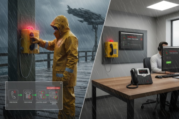 Rainproof emergency phone call triggers control room alert workflow for remote dispatch monitoring