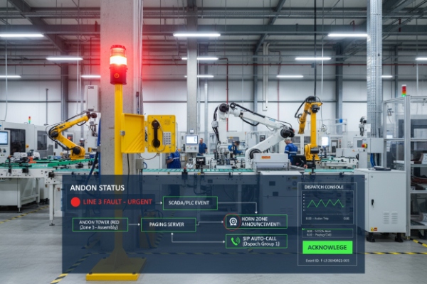 Industrial emergency call station with beacon linked to Andon alerts and SIP auto-call