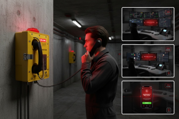 Technician using wall-mounted emergency phone in tunnel with control room alert screens