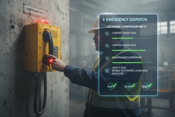 Technician pressing emergency call button on rugged phone with dispatch escalation screen
