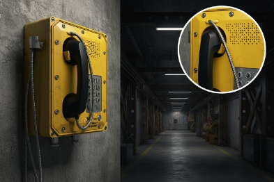 Yellow explosion-proof handset phone installed in tunnel corridor with close-up speaker grill
