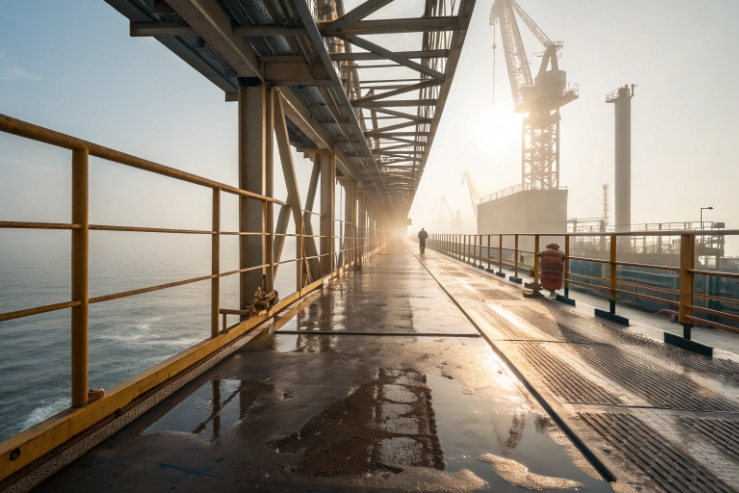 Wet offshore platform walkway at sunrise with crane and safety railings