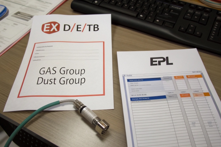 Hazardous area documentation showing gas group, dust group, and EPL forms