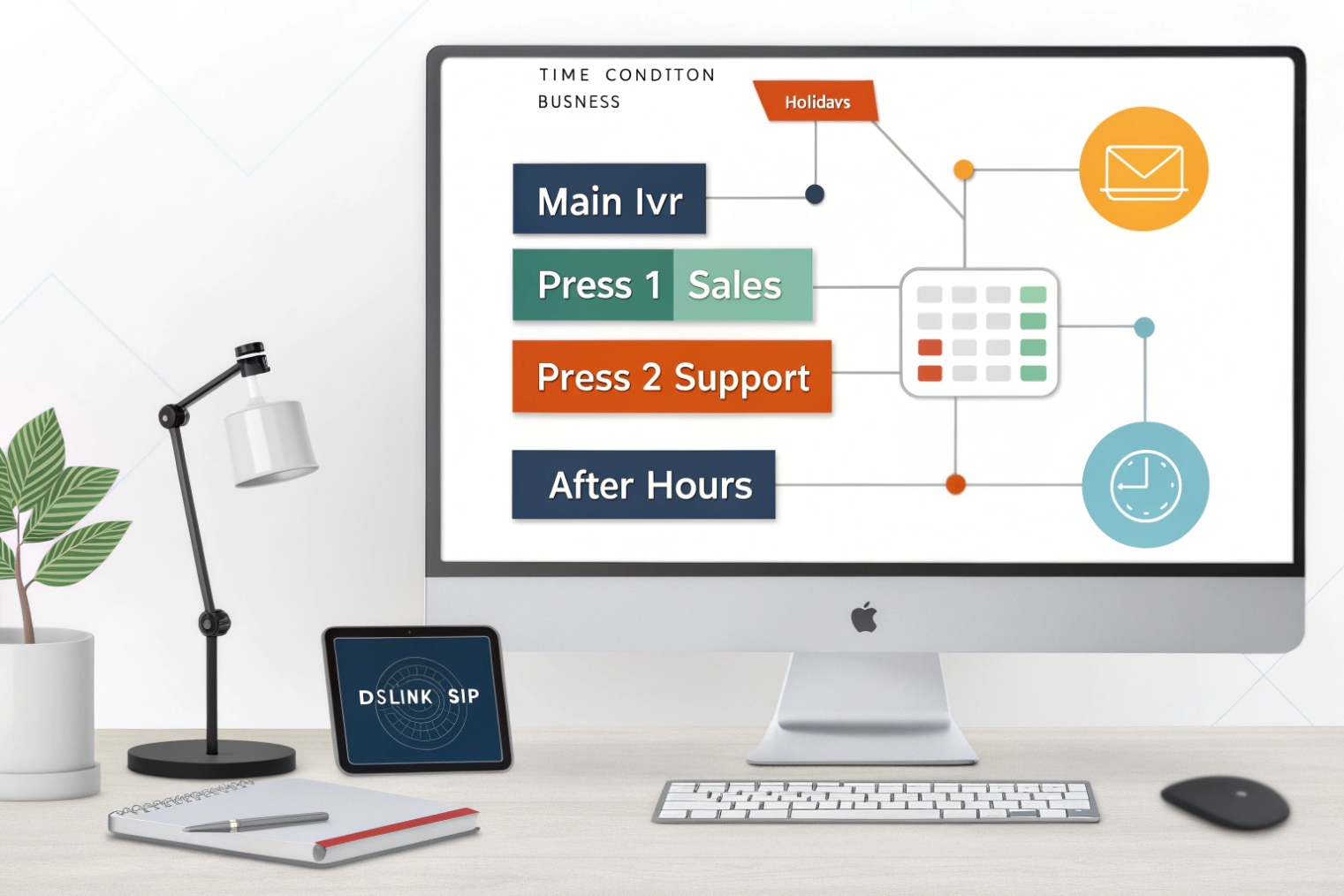 Djslink SIP IVR time-condition flow on an iMac at a modern desk