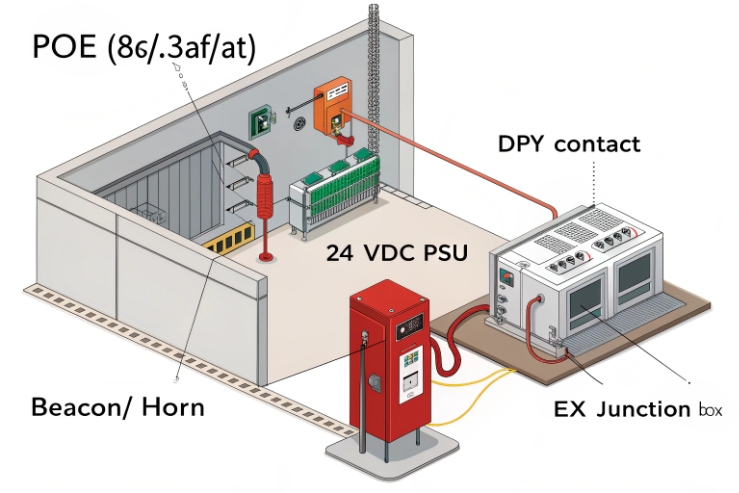 System wiring diagram showing PoE feed, 24 VDC PSU, beacon/horn, and dry-contact connection to an EX junction box