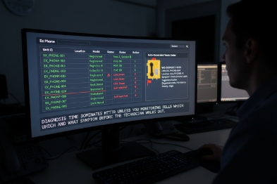 Remote diagnostics dashboard listing Ex phones status logs and fault indicators