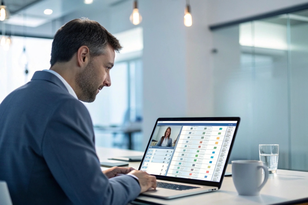 Video call on laptop during work meeting