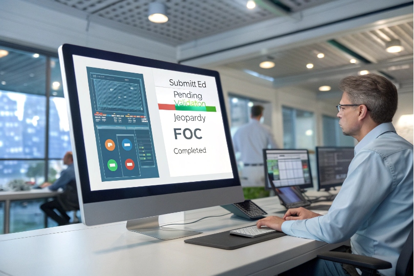 Operations manager tracking porting status dashboard from submitted to FOC completed stages