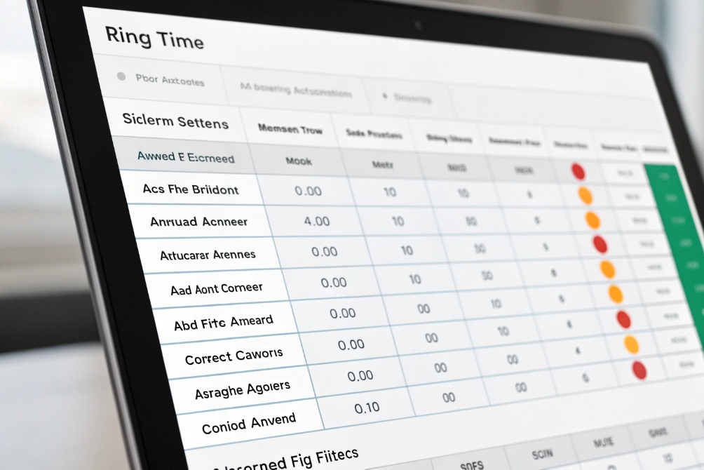Laptop dashboard showing call ring time statistics and agent performance metrics
