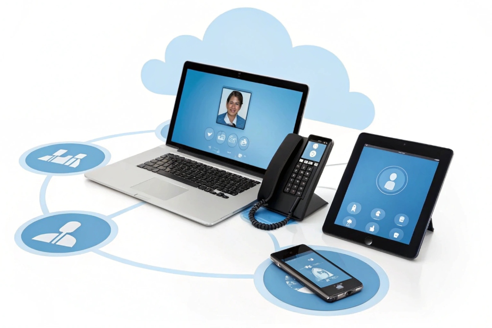Cloud unified communication with laptop IP phone tablet and smartphone devices