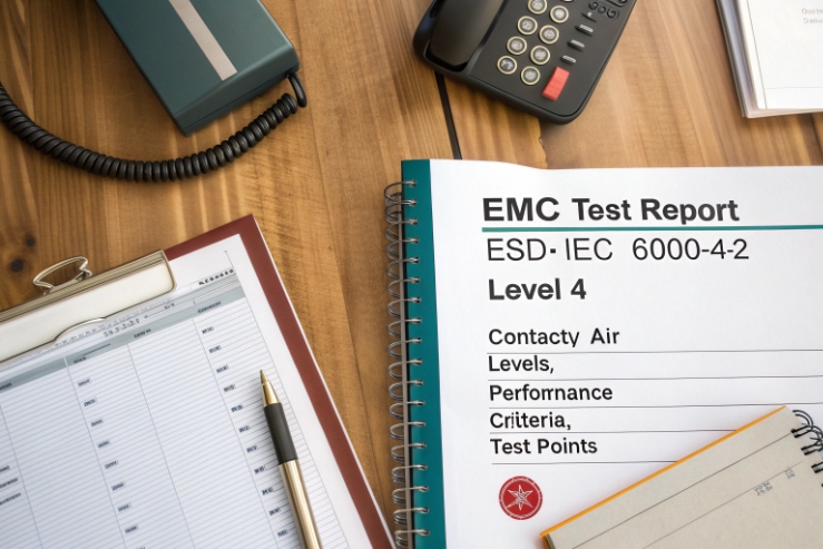 EMC test report document for ESD IEC 6000-4-2 Level 4 on desk